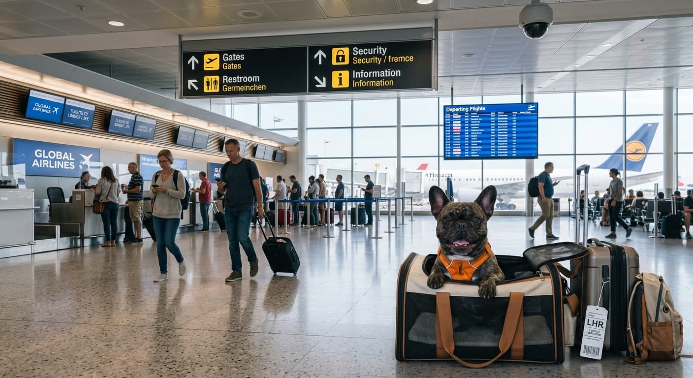 A French bulldog sitting in a soft travel carrier beside suitcases in an airport departure hall, passengers walking past the check-in desks behind.
