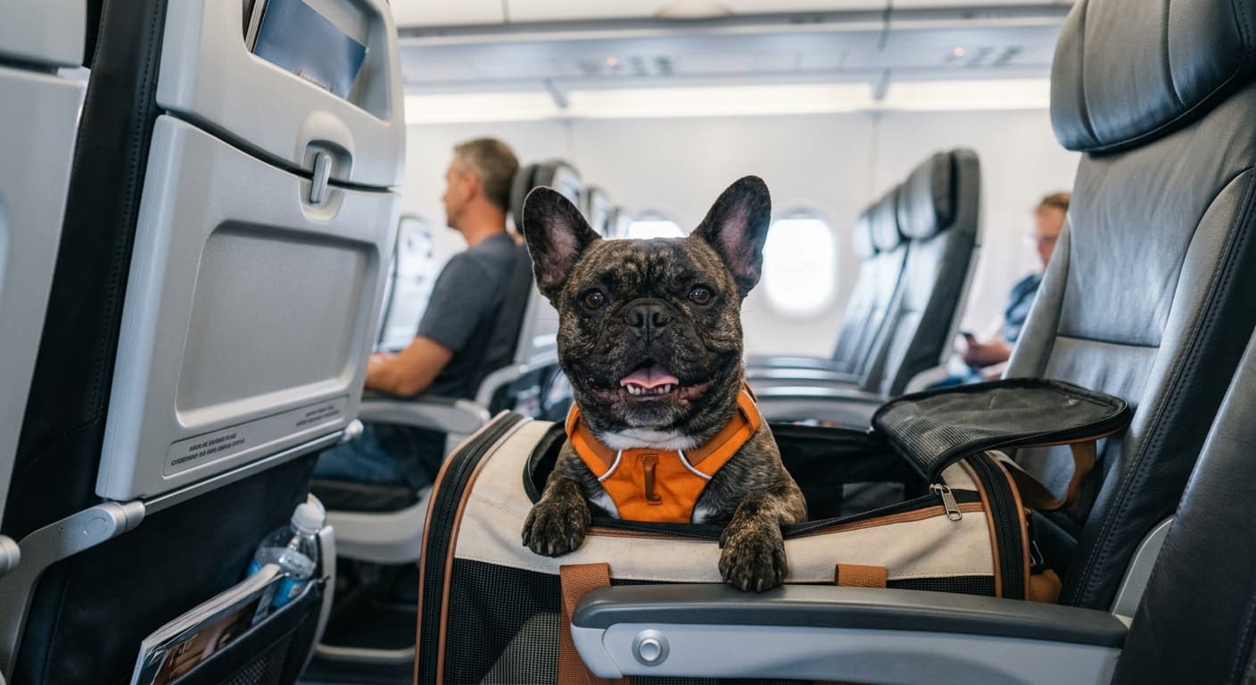 The same French bulldog looking out of its carrier on an aircraft seat, other passengers seated along the cabin.