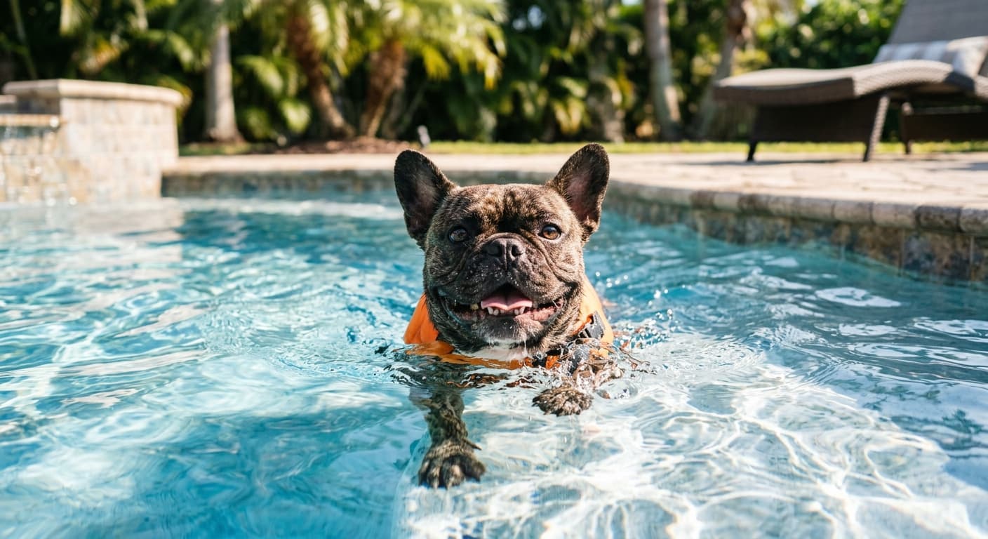 The same French bulldog swimming in a sunlit outdoor pool wearing an orange life jacket, palm trees behind.